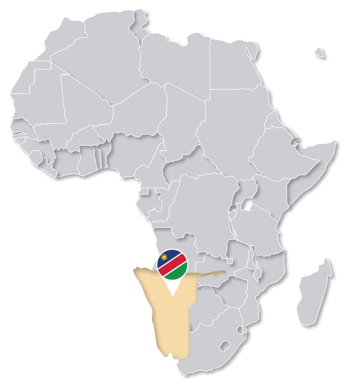 Safari destination map of Africa highlighting Namibia with the national flag.
